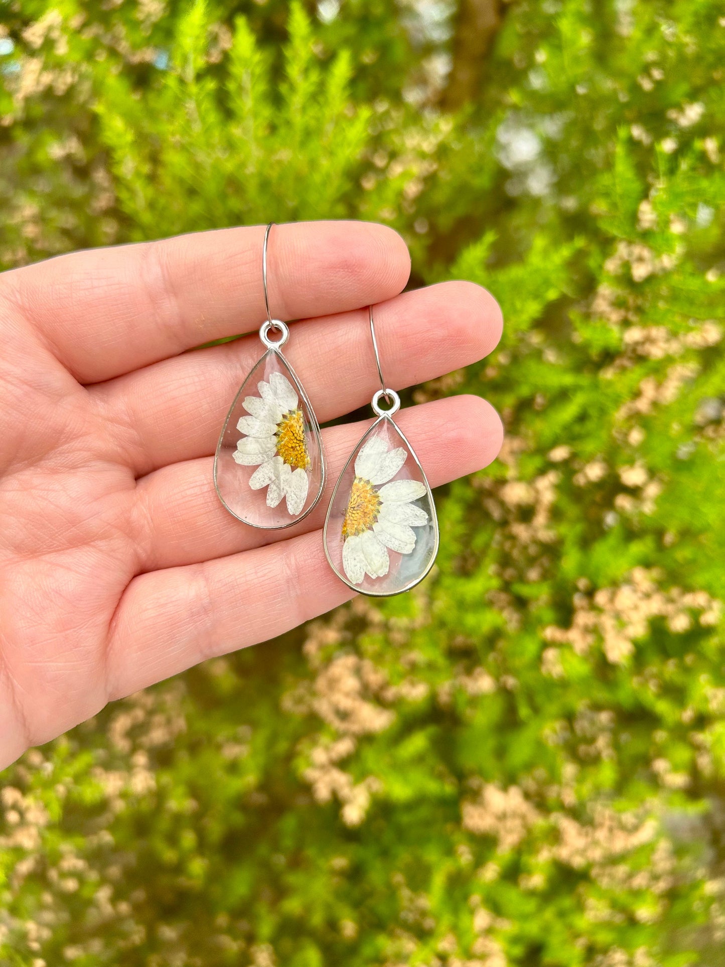 Unique handmade pressed daisy flower earrings