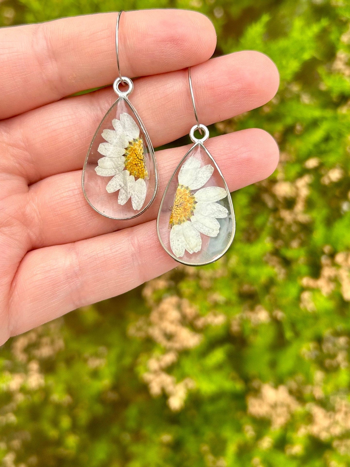 Unique handmade pressed daisy flower earrings