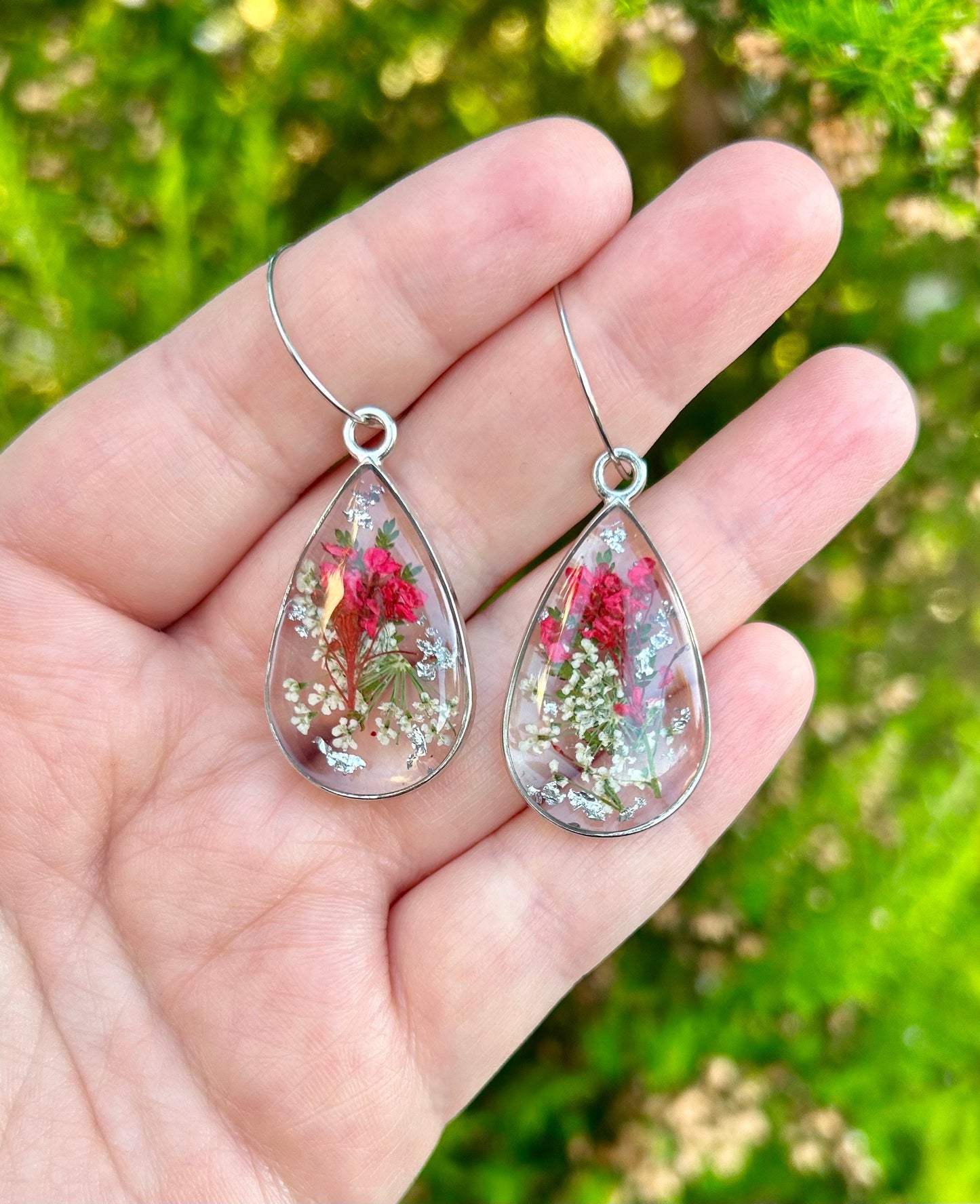 Unique handmade red and white flower earrings