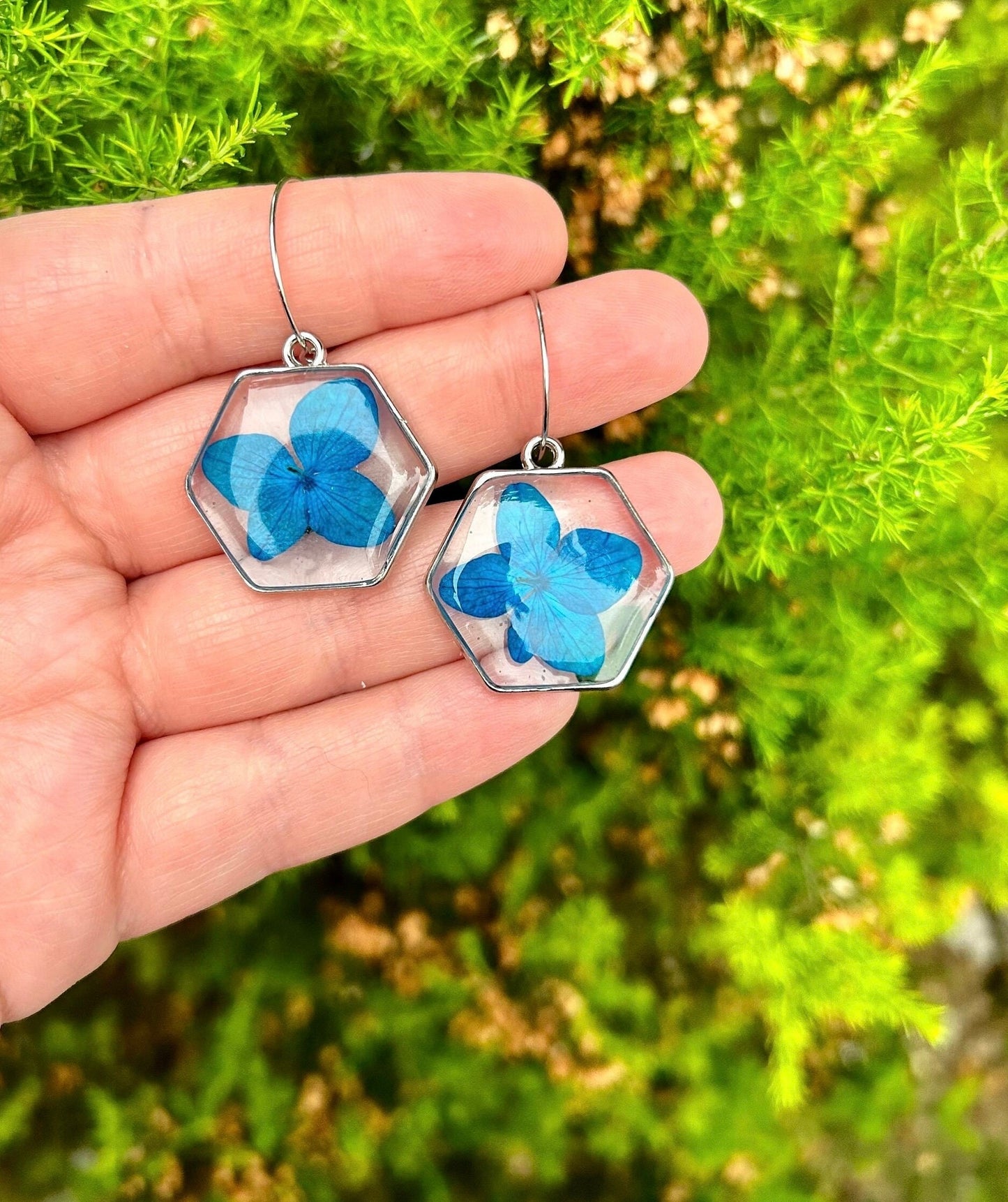 Unique handmade pressed blue flower earrings