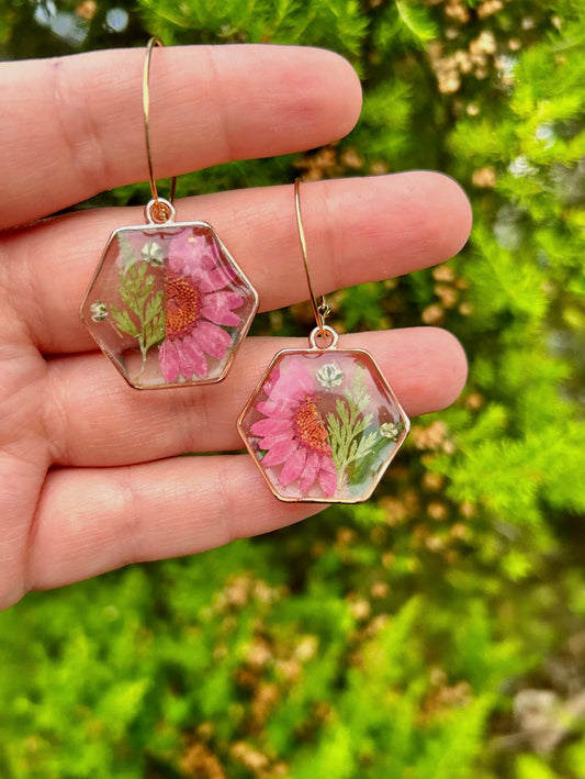 Unique handmade pink and green flower earrings