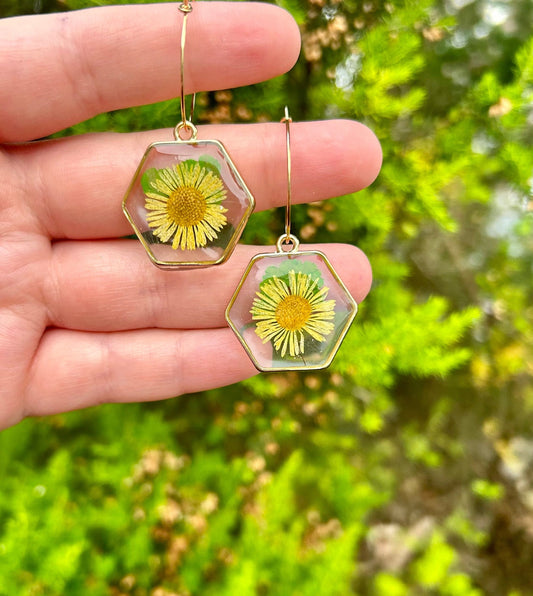 Unique handmade pressed yellow flower earrings