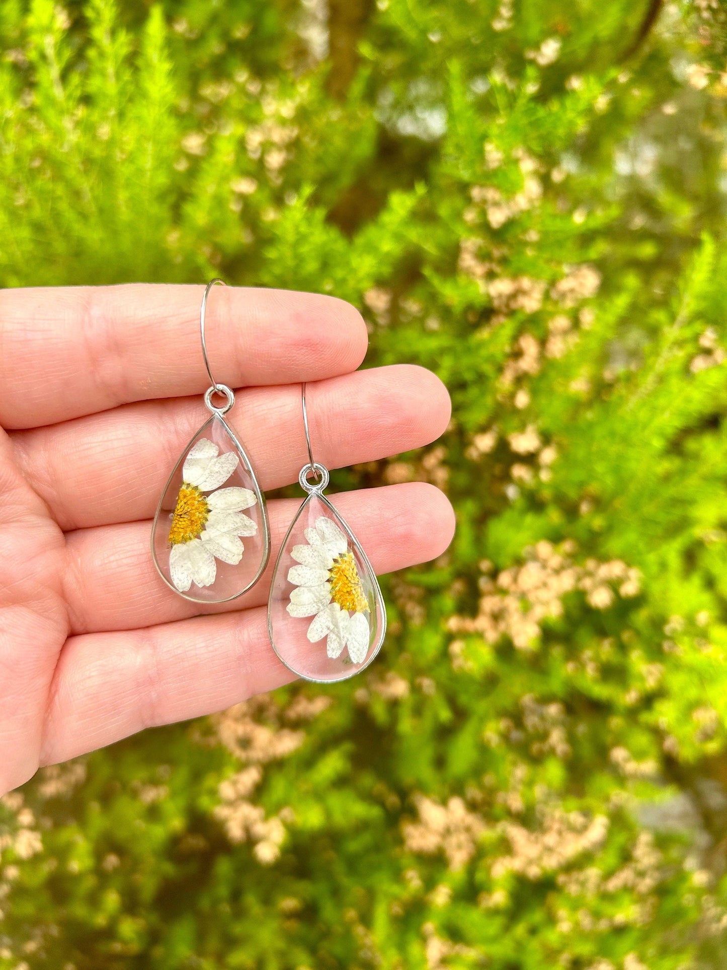 Unique handmade pressed daisy flower earrings