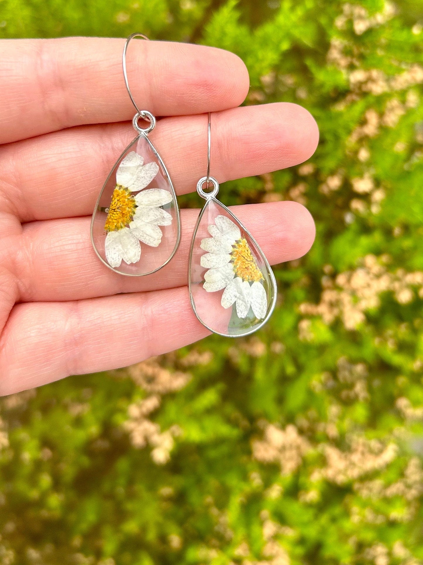 Unique handmade pressed daisy flower earrings