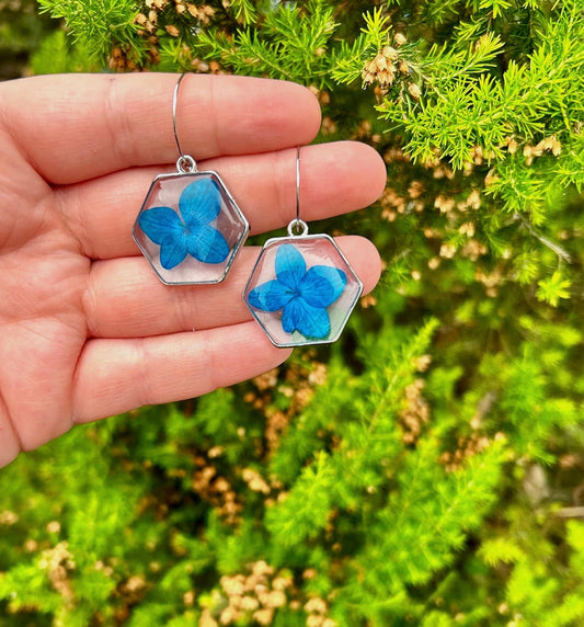 Unique handmade pressed blue flower earrings