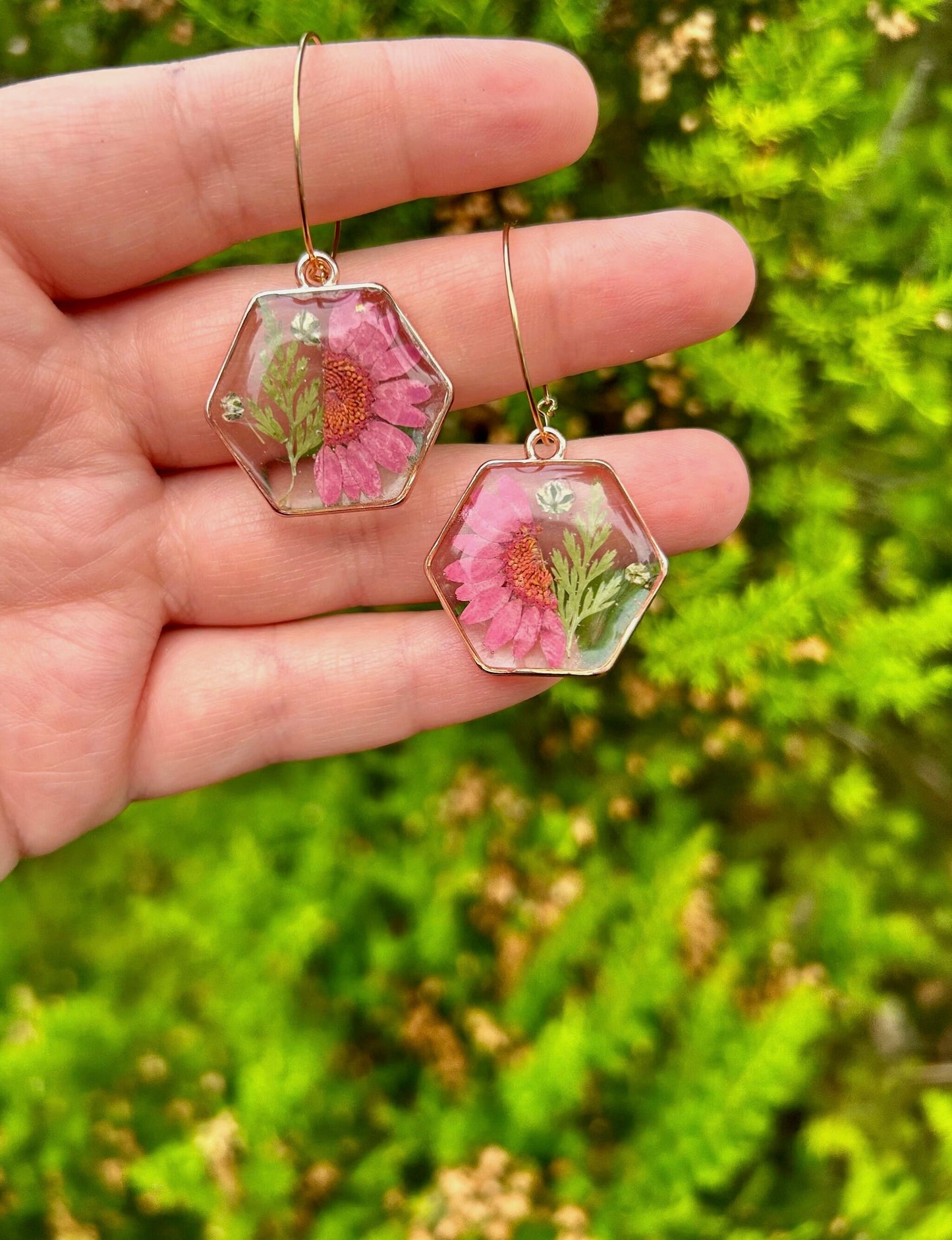 Unique handmade pink and green flower earrings